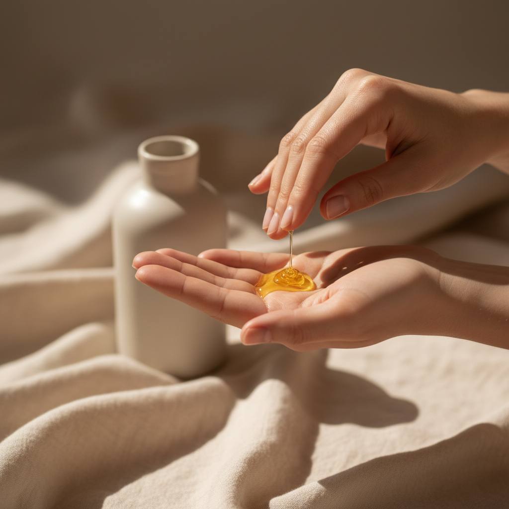 Elegant hands applying Ayurvedic massage oil in luxury spa setting